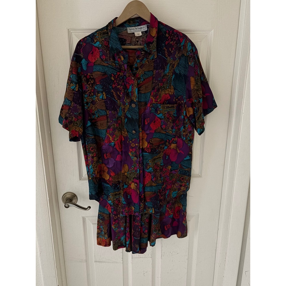 Norton McNaughton Multicolor Floral Short Sleeve Pantsuit - Purple, Teal, Maroon